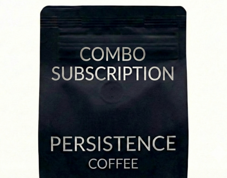 Dark blue coffee packaging with 'Combo Subscription' text on a white background